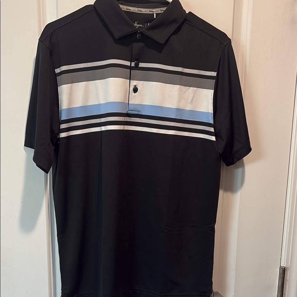 Walter Hagen- Men's Black and Blue Striped Polo Shirt